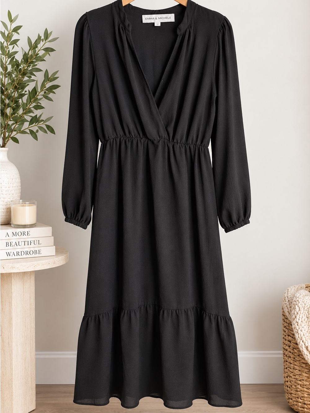 Emma & Michele Black Faux Wrap Midi Dress Long Sleeve Tiered Size M